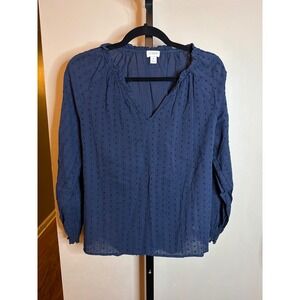 J.Crew Re-Imagined Navy Blue Clip Dot Cotton Ruffle V-Neck Peasant Blouse M